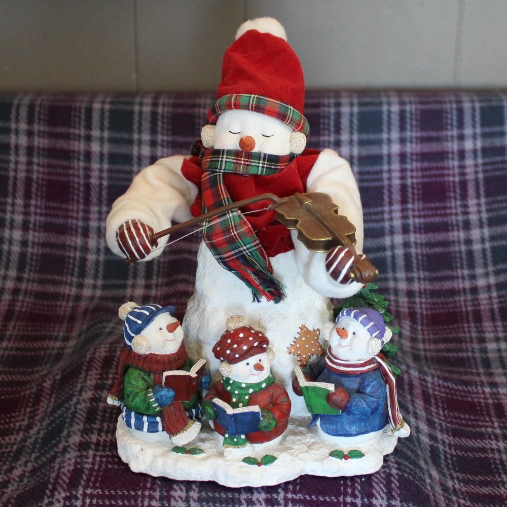 2002 Resin Animated Snowman Plays Violin Musical WORKS